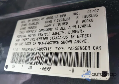 2007 Honda Accord 2.4 Ex from USA, damaged, VIN 1HGCM56707A097113